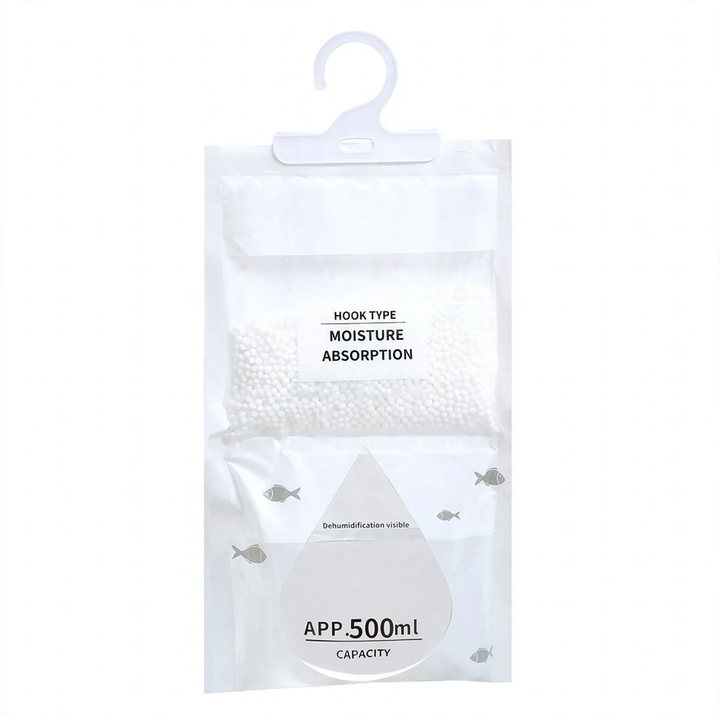 Hanging dehumidifying bag for moisture regulation