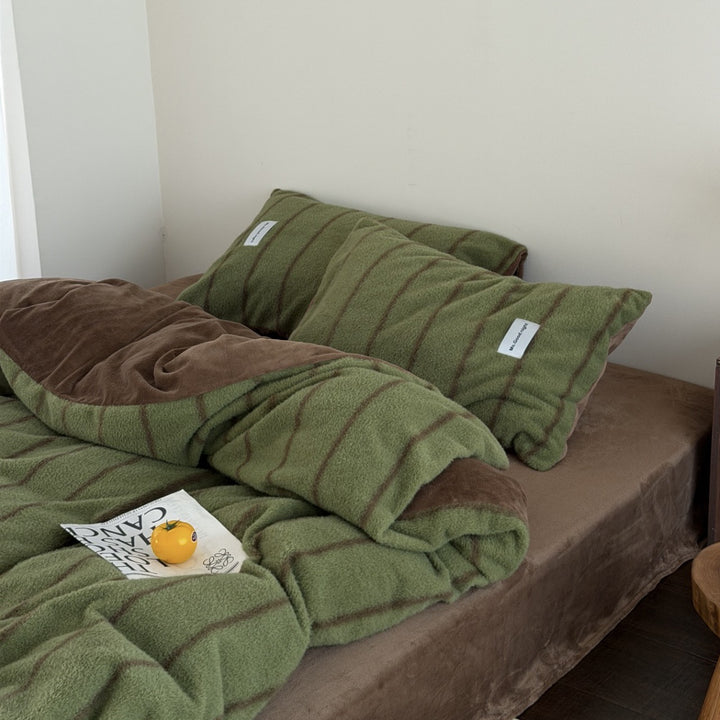 Milk fiber fleece bedding set, striped, thickened
