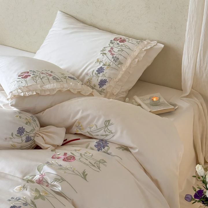 French cotton bedding set with embroidery and lace