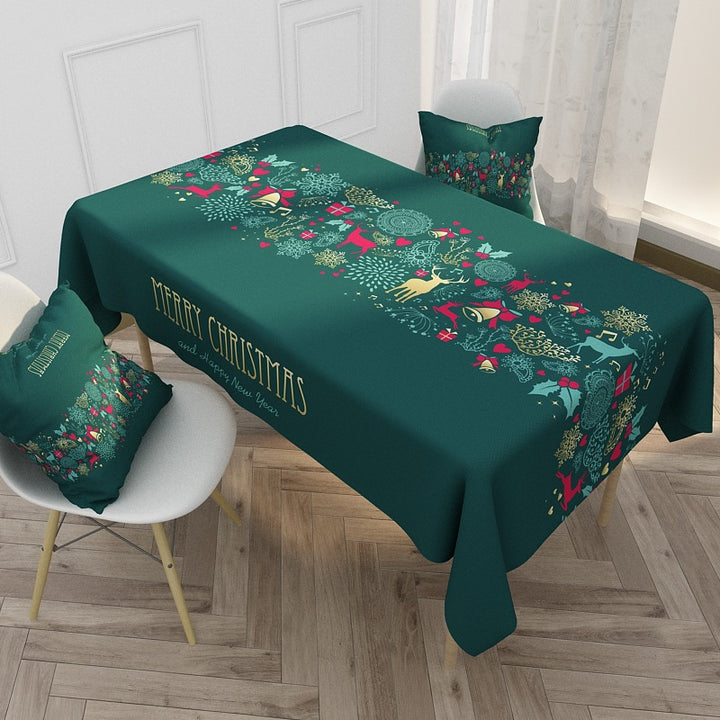 Festive Printed Waterproof Polyester Holiday Rectangular Tablecloth and Cushion Cover Set