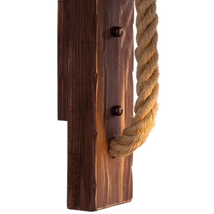 BowLift | Brown L-shaped wall-mounted lighting Rustic wood 1 light dining room wall light with hemp rope cable