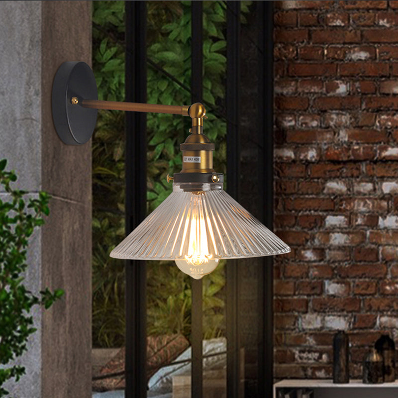 BowLift | 1 Light Geometry Wall Mount Light Industrial Brass Finish Clear Glass Wall Lighting Ideas for the Hallway