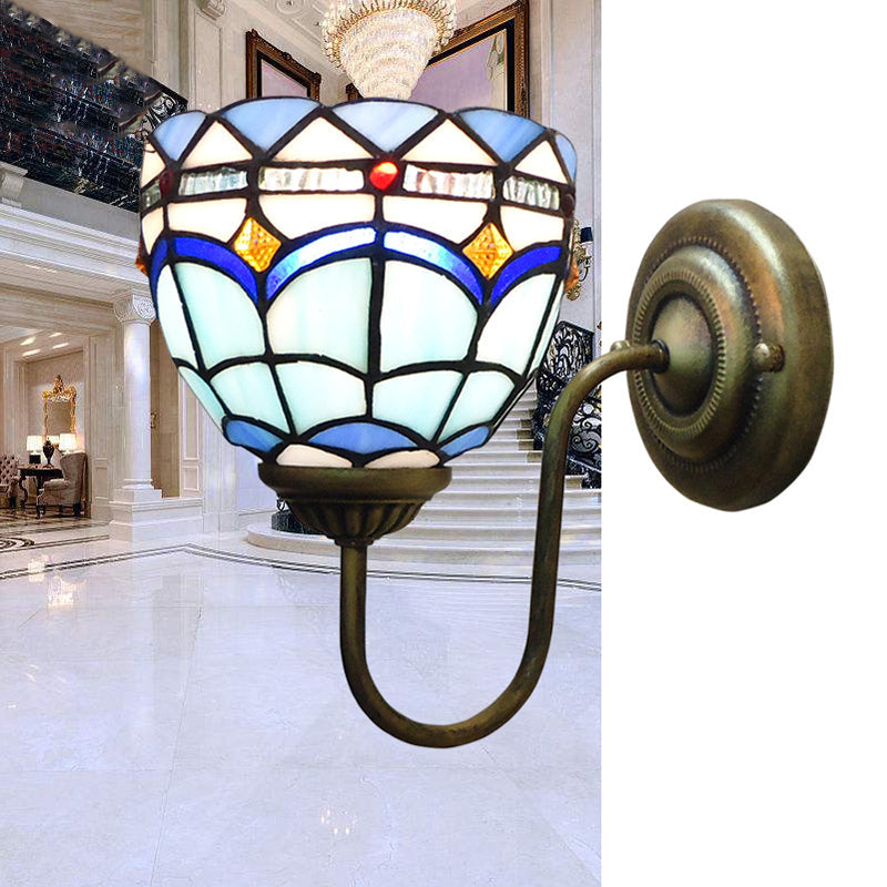 BowLift | Blue Dome Wall Light Baroque 1 Head Stained Glass Wall Light Ideas with Curved Arm