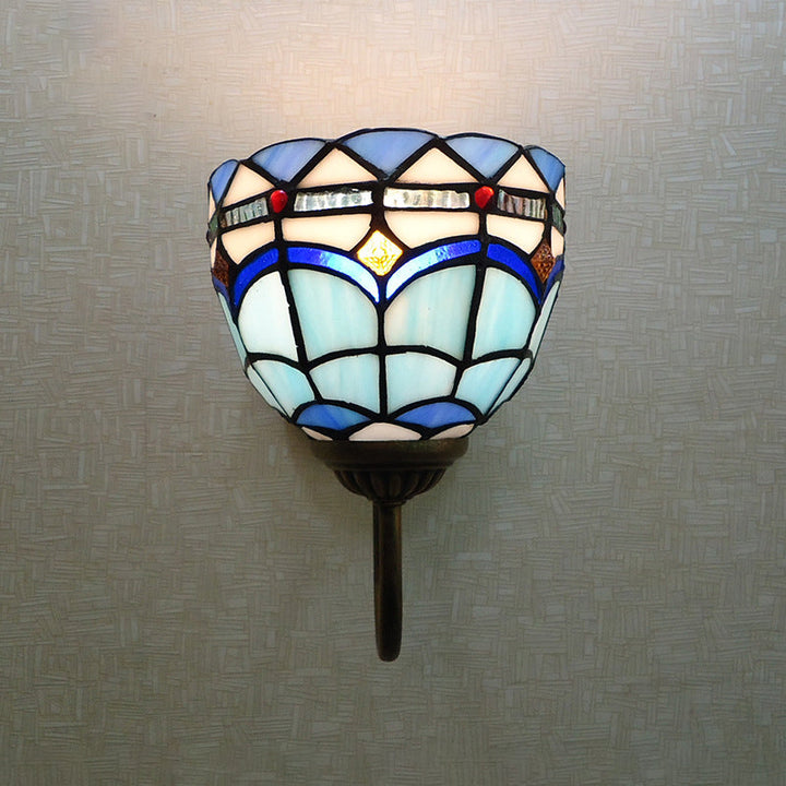 BowLift | Blue Dome Wall Light Baroque 1 Head Stained Glass Wall Light Ideas with Curved Arm