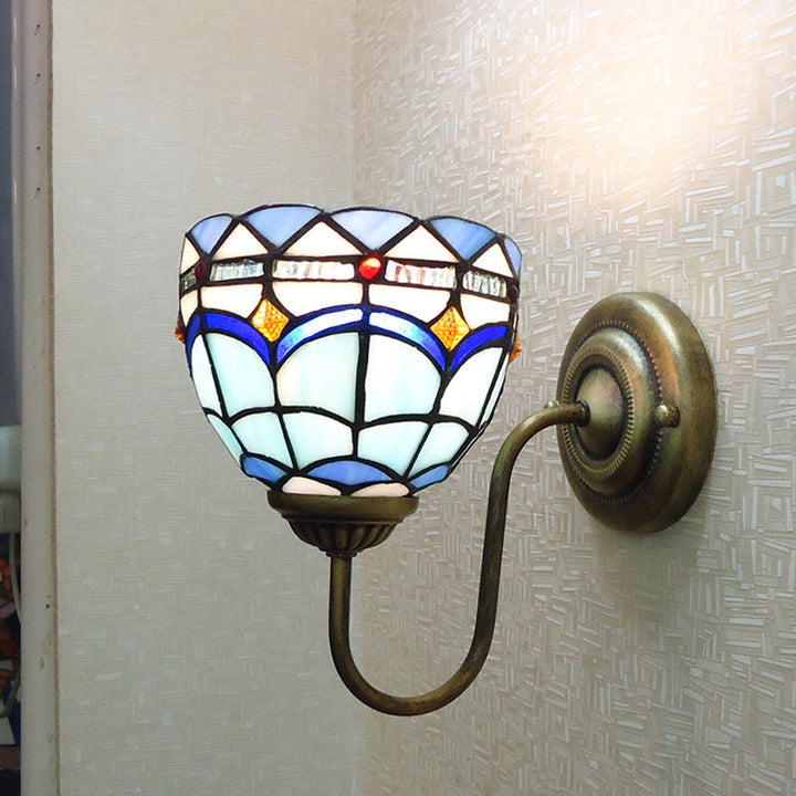 BowLift | Blue Dome Wall Light Baroque 1 Head Stained Glass Wall Light Ideas with Curved Arm