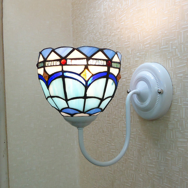 BowLift | Blue Dome Wall Light Baroque 1 Head Stained Glass Wall Light Ideas with Curved Arm