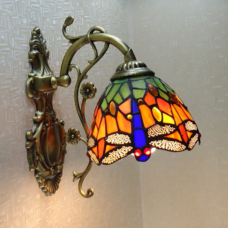 BowLift | Hand-cut Glass Dragonfly Wall Lamp Tiffany Style 1 Light Wall Mounted Light Fixture with Carved Backplate