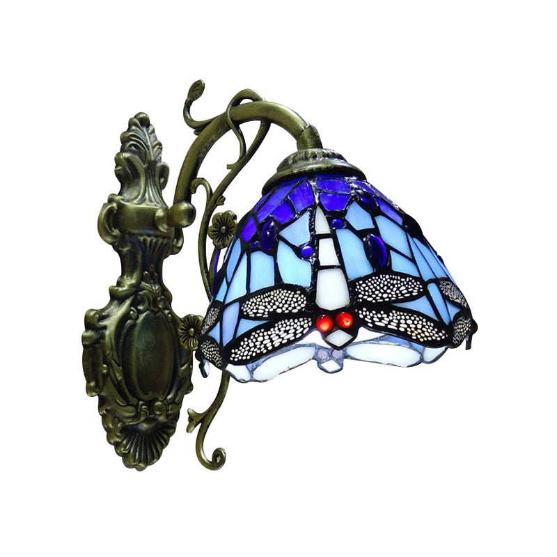 BowLift | Hand-cut Glass Dragonfly Wall Lamp Tiffany Style 1 Light Wall Mounted Light Fixture with Carved Backplate