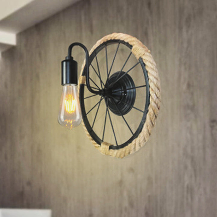 BowLift | 1 Light Open Bulb Wall Lamp Industrial Black Rope Wall Mounted Lamp with Wheel Shape