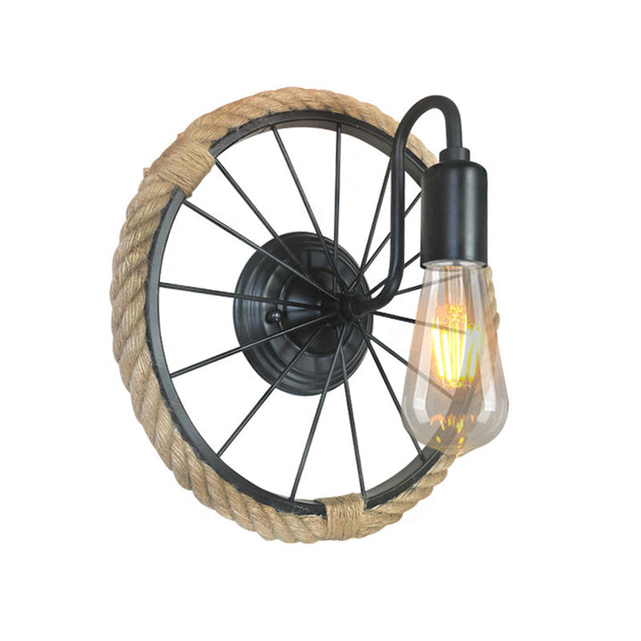 BowLift | 1 Light Open Bulb Wall Lamp Industrial Black Rope Wall Mounted Lamp with Wheel Shape