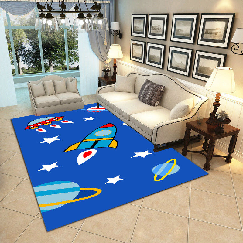 BowLift | Cartoon Boys Bedroom Rug Multicolored Spaceship Pattern Rug Polyester Stain Resistant Non-Slip Back Pet Friendly Rug