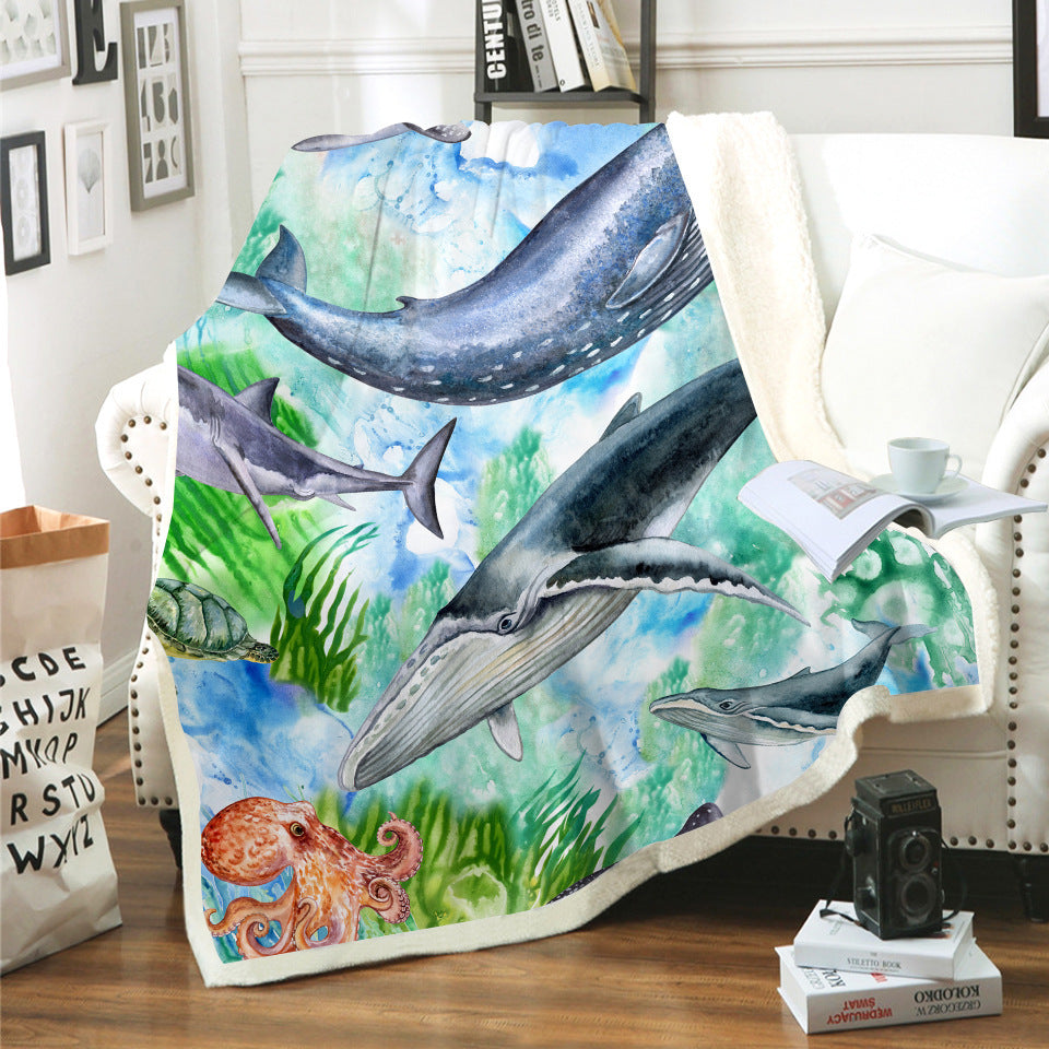 Reversible Sherpa Throw Blanket with Watercolor Dolphin Print Bowlift