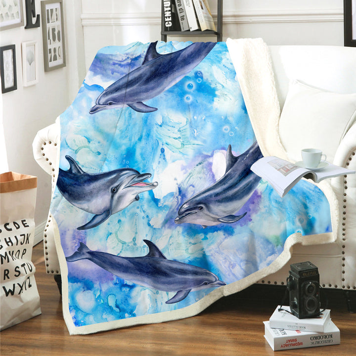 Reversible Sherpa Throw Blanket with Watercolor Dolphin Print Bowlift