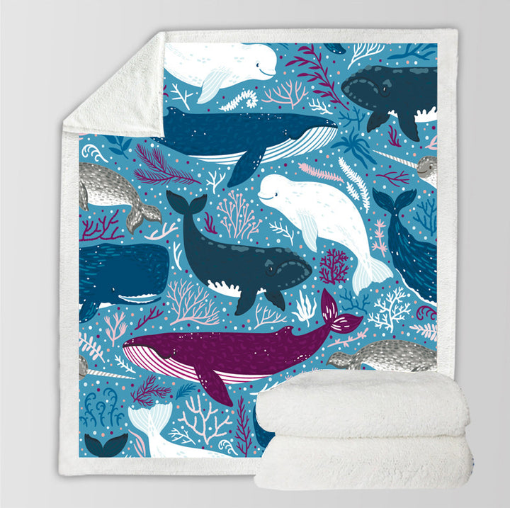 Reversible Sherpa Throw Blanket with Watercolor Dolphin Print Bowlift