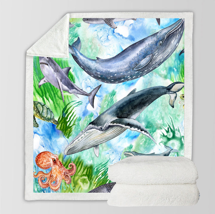 Reversible Sherpa Throw Blanket with Watercolor Dolphin Print Bowlift