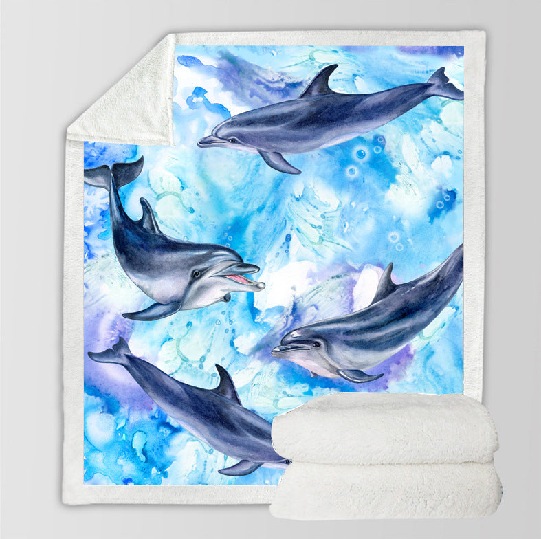 Reversible Sherpa Throw Blanket with Watercolor Dolphin Print Bowlift