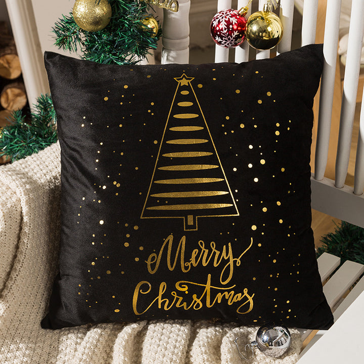 Velvet Holiday Throw Pillow Cover with Metallic Foil Tree and Script Accent
