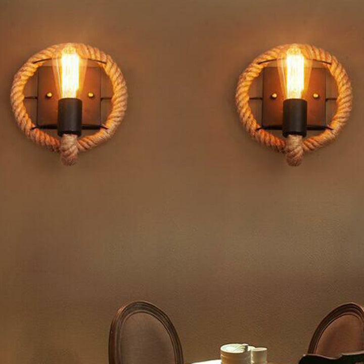 BowLift | Metal Open Bulb Wall Lamp Country House 1 Main Corridor Wall Lamp with Rope Ring in Brown