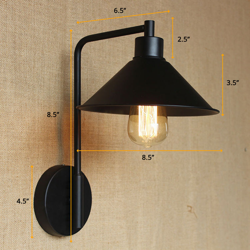 BowLift | Conical Nightstand Reading Light Retro Metal 1-Light Black Wall-Mounted Lamp with Beveled Edge
