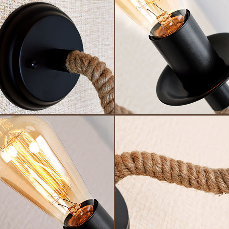 BowLift | Black outdoor bulb wall lighting country metal single-track wall lamp with rope-wrapped arm