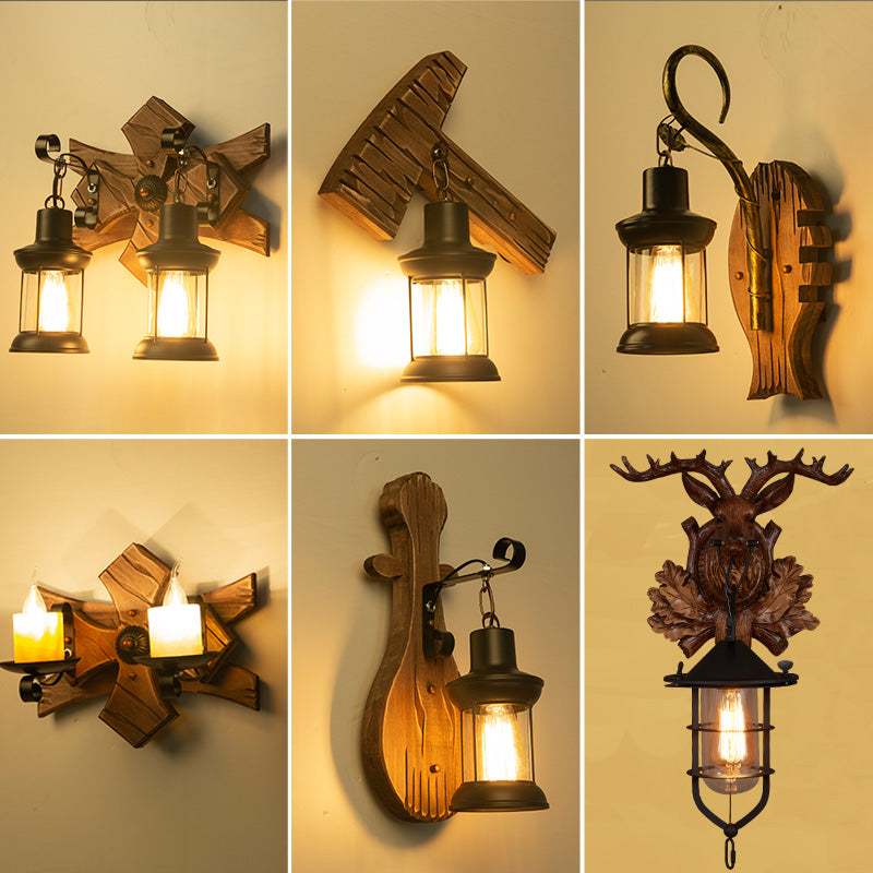 BowLift | Wooden Brown Wall Lamp Geometrically Designed Country Style Wall Sconce for Hallway