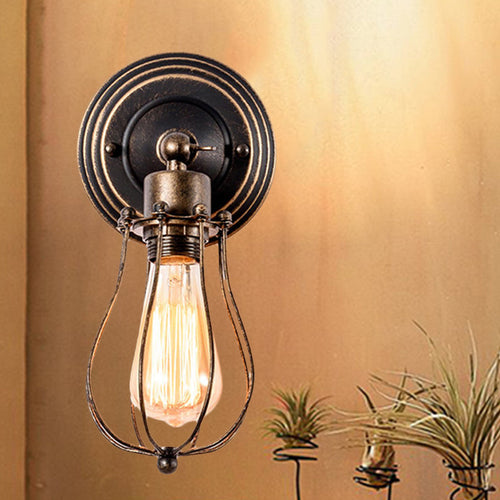 BowLift | 1 Head Iron Wall Lamp Farmhouse Style Dark Rust Wire Protection Café Mini Wall Light