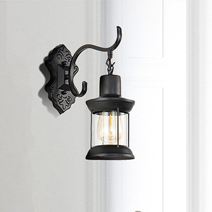 BowLift | Lantern Clear Glass Wall Mounted Lamp Vintage Single Bulb Outdoor Wall Light in Black with Carved Pattern