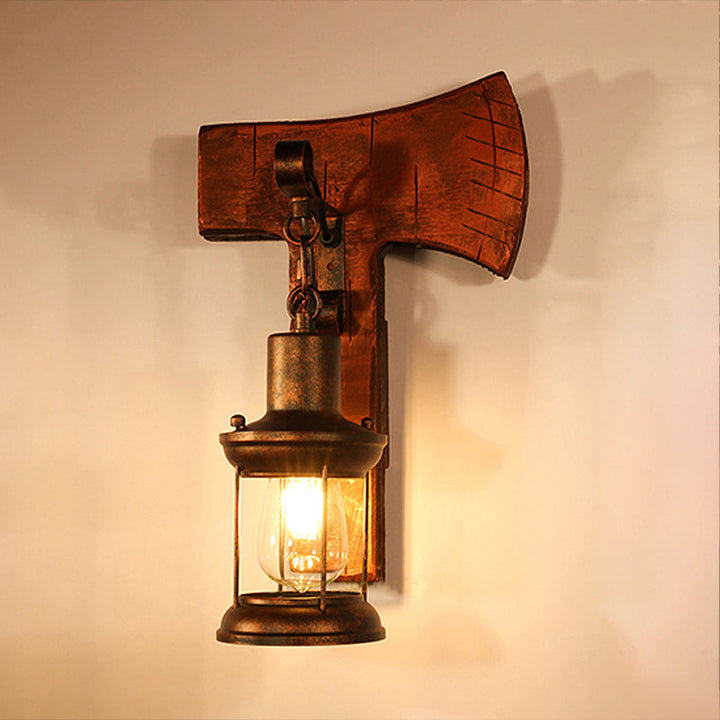 BowLift | Rust One-Light Wall Light Coastal Clear Glass Lantern Lighting Fixture with Wood Back Plate