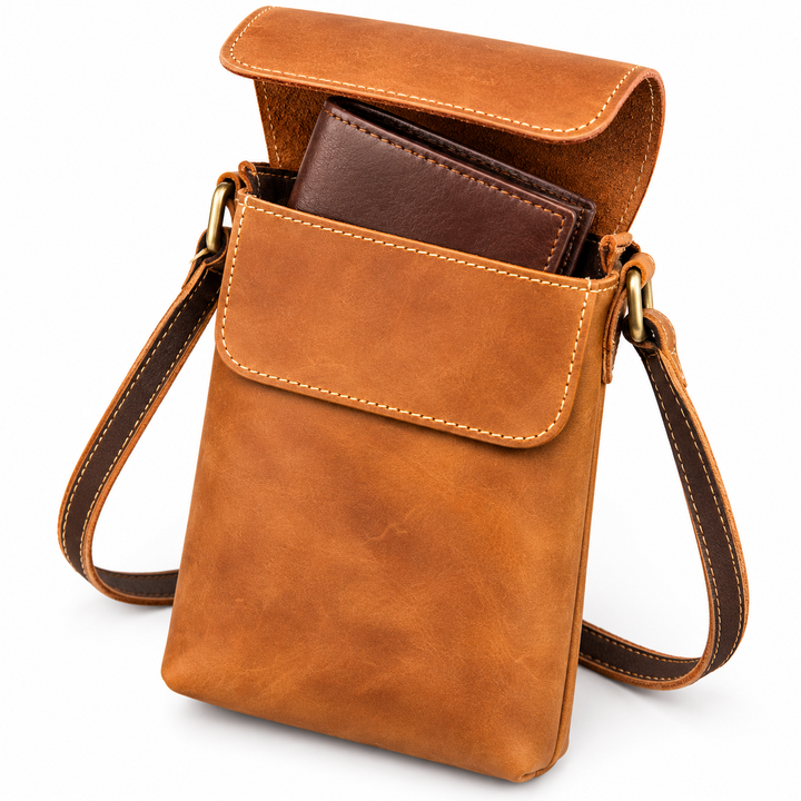 Compact Genuine Leather Crossbody Phone Pouch with Flap and Adjustable Strap Bowlift