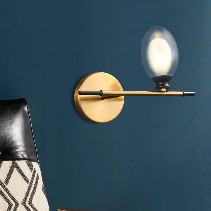 BowLift | Clear/Amber Glass Egg Shape Wall Light Minimalist 1 Light Brass Wall Lamp with Horizontal Arm