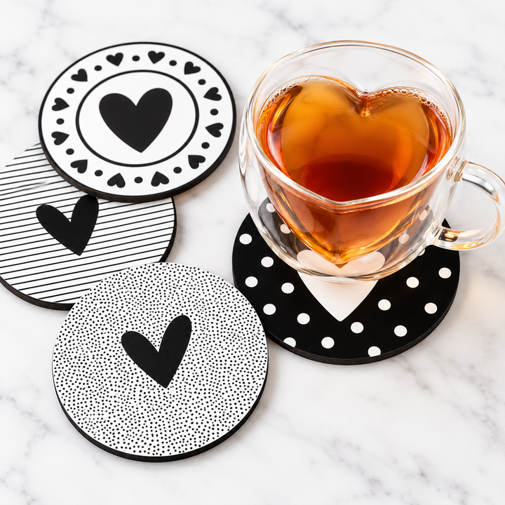 Non-Slip Round Heart Pattern Drink Coaster Set Bowlift