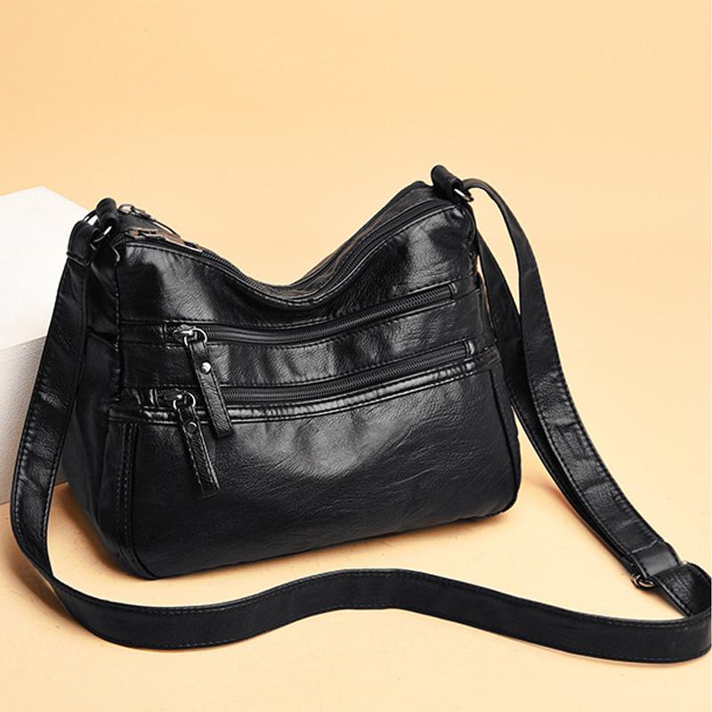PU Leather Shoulder Bag with Zipper Pockets and Adjustable Strap