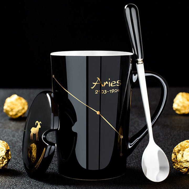 BowLift | 12 Zodiac Signs Black Ceramic Mug with Lid Spoon