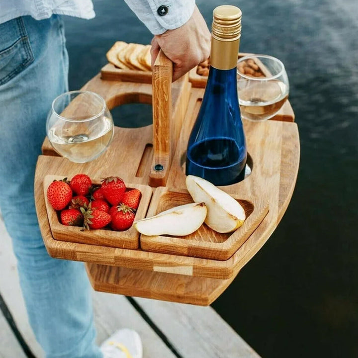 BowLift | Compact picnic table with wooden bottle holder