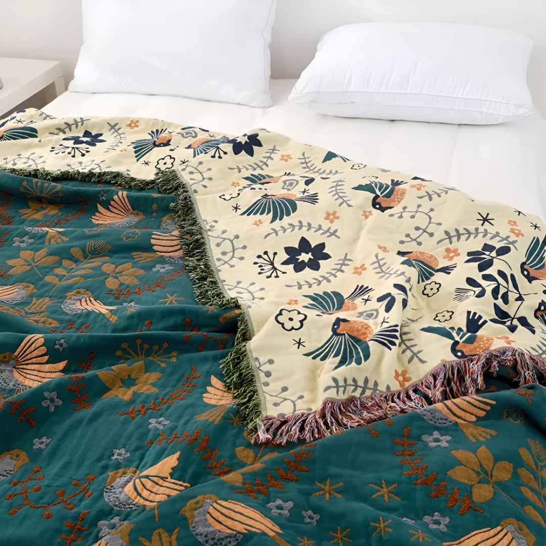 BowLift | Embroidered Cotton Throw Blanket with Birds and Flowers