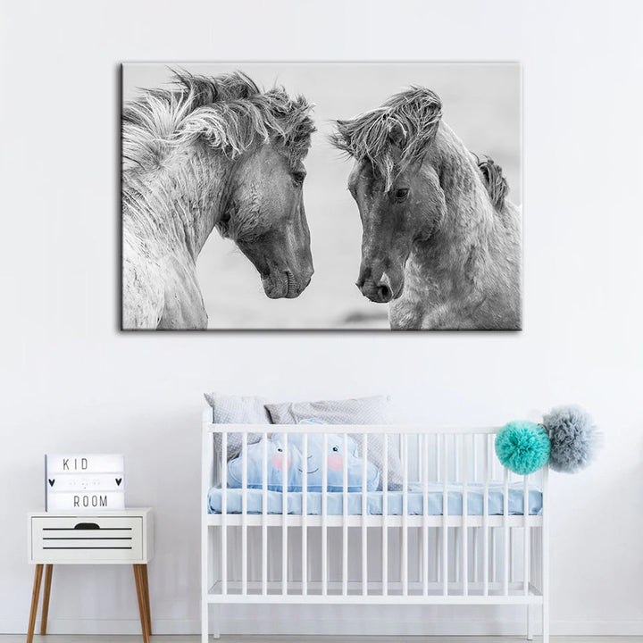 Two White Horses - Canvas Wall Art Painting | Bowlift