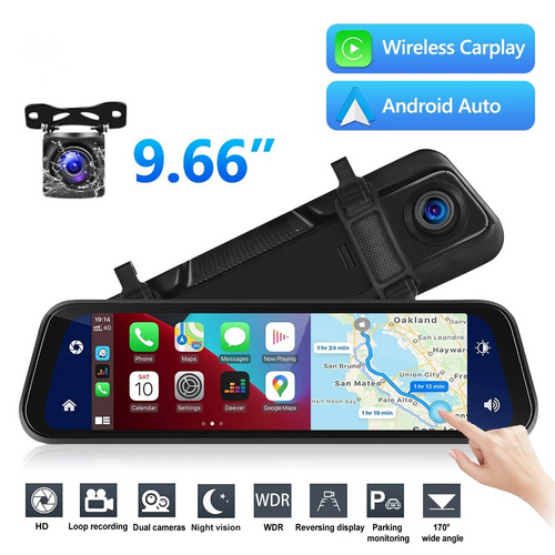 Mirror Dash Cam with 9.66-Inch Touchscreen, Dual 1280×720P Cameras and GPS