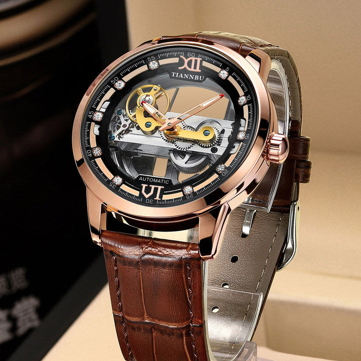 Automatic Skeleton Tourbillon Watch with Leather or Steel Strap