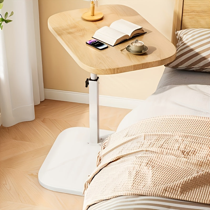 Adjustable Side Table with Natural Wood-Finish Top and Metal Frame for Sofa or Bed