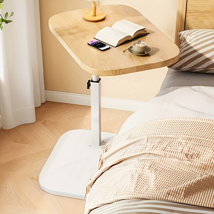 Adjustable Side Table with Natural Wood-Finish Top and Metal Frame for Sofa or Bed