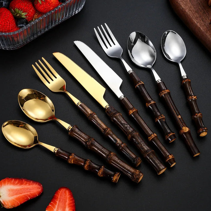 BowLift | Black Bamboo Dinnerware Set - Upscale Stainless Steel Fork and Spoon Tableware