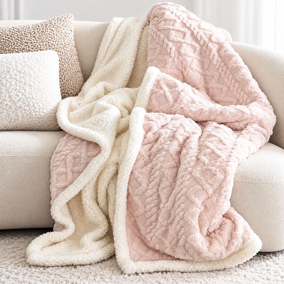Plush Sherpa Reversible Cozy Throw Blanket with Cable-Knit Texture Bowlift