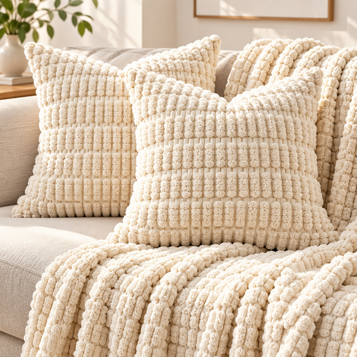 Ribbed Chenille Square Throw Pillow with Plush Tufted Texture Bowlift