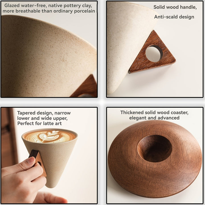BowLift | BaristaLuxe Ceramic Coffee Cup 250ml – Handmade with Wooden Handle and Coaster