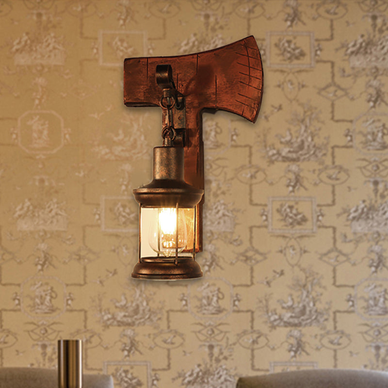BowLift | Rust One-Light Wall Light Coastal Clear Glass Lantern Lighting Fixture with Wood Back Plate