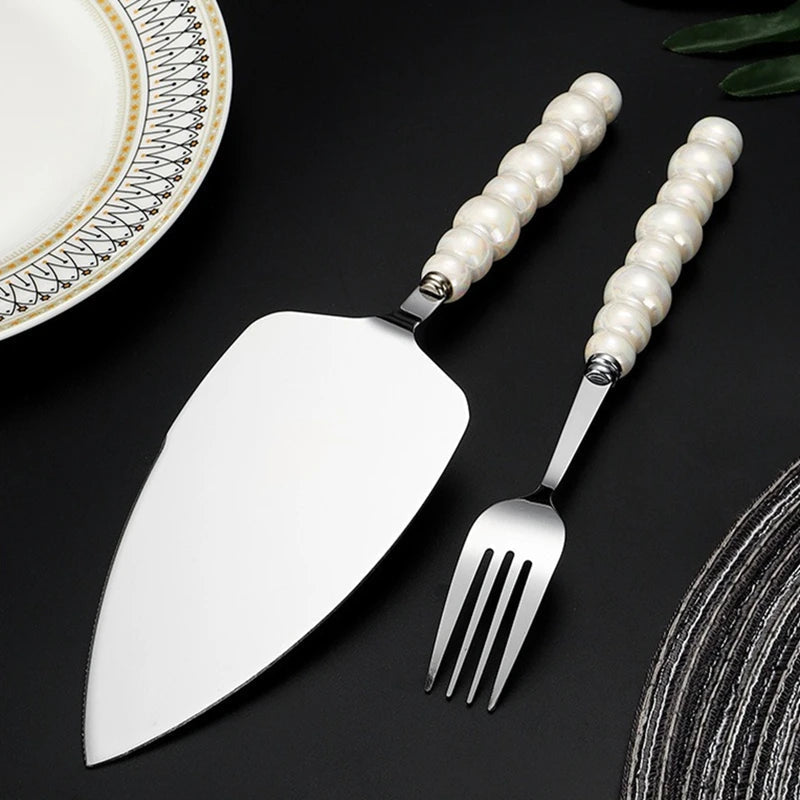 BowLift | Creative Pearl Ceramic Handle Cake Knife and Spatula Set Stainless Steel