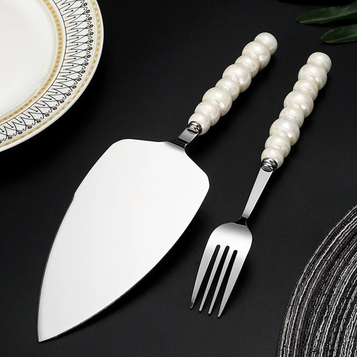BowLift | Creative Pearl Ceramic Handle Cake Knife and Spatula Set Stainless Steel
