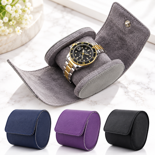 Travel Watch Roll Case with Suede-Lined Cushion and Snap Closure Bowlift