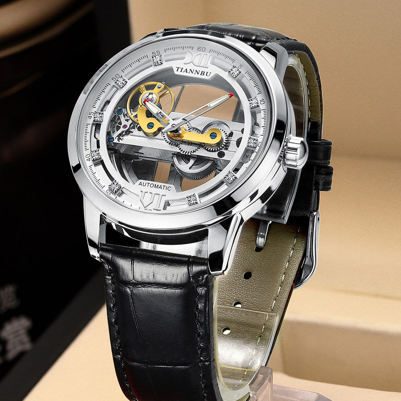 Automatic Skeleton Tourbillon Watch with Leather or Steel Strap