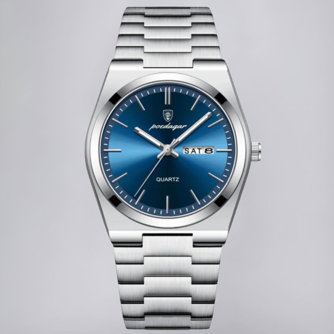 Stainless Steel Watch with Emerald Green Dial and Day-Date Display